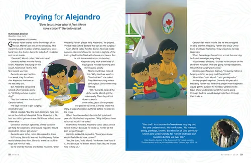 Page PDF with illustrations of a boy sitting at a table eating, and a woman praying with two boys