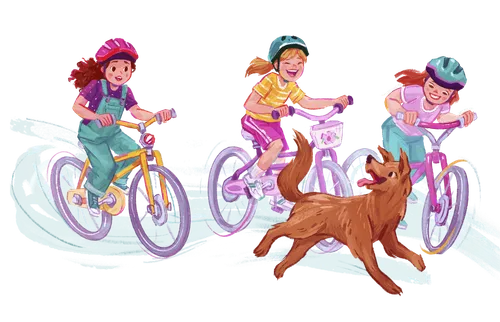Girl riding bikes with a dog running ahead
