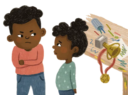 Girl talking to he brother; things on a shelf are knocked over