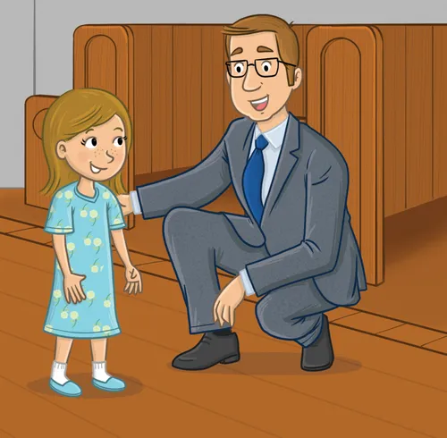 A man in a suit talking to a girl at church