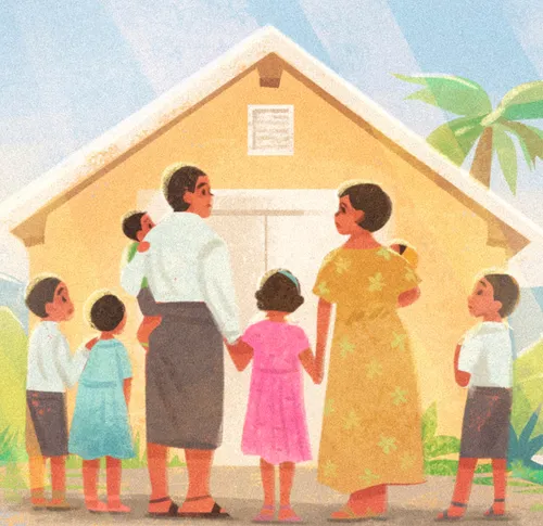 Family standing in front of a church building