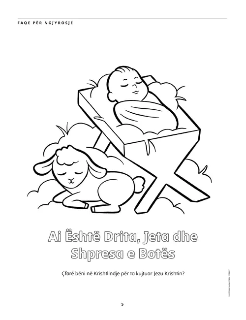 Faqe për ngjyrosje në formatin PDF e Jezusit foshnjë në grazhd dhe e një qengji