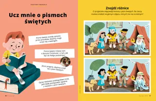 Zadanie znajdowania różnic na obrazkach przedstawiających dzieci przebrane za bohaterów z pism świętych