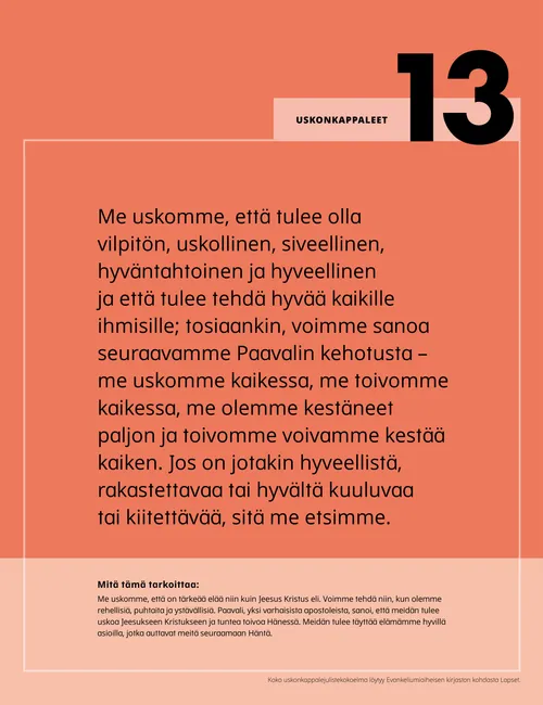 PDF-juliste, jossa 13. uskonkappale selityksineen