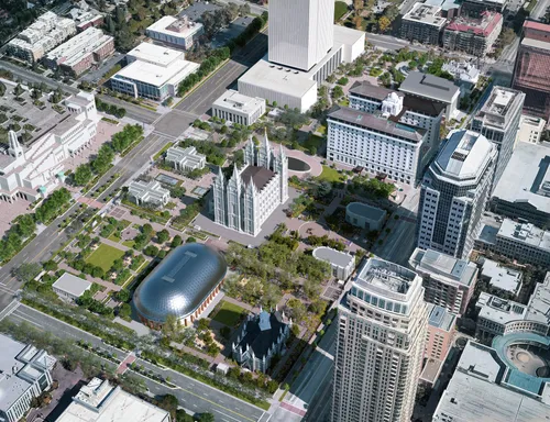 Rendering of Temple Square. Its an aerial view including the updated entry pavilion for the Salt Lake Temple.