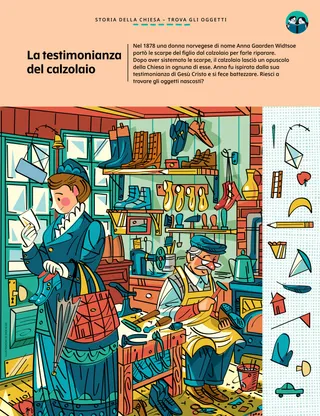 Attività con immagini nascoste che mostrano una donna nella bottega di un calzolaio