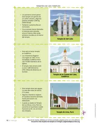 Tres tarjetas recortables con una ilustración de un templo en un lado y datos interesantes en el otro