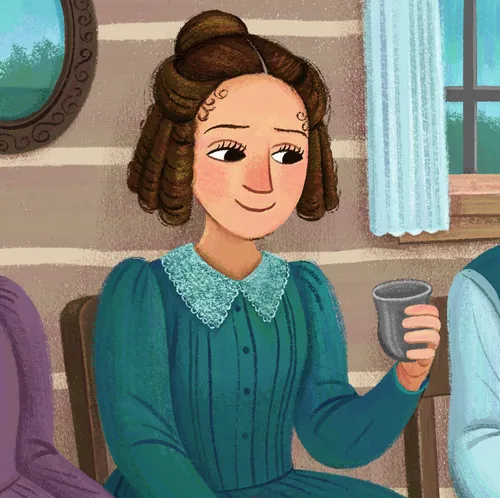 Emma Smith sitting in a log cabin holding a metal cup