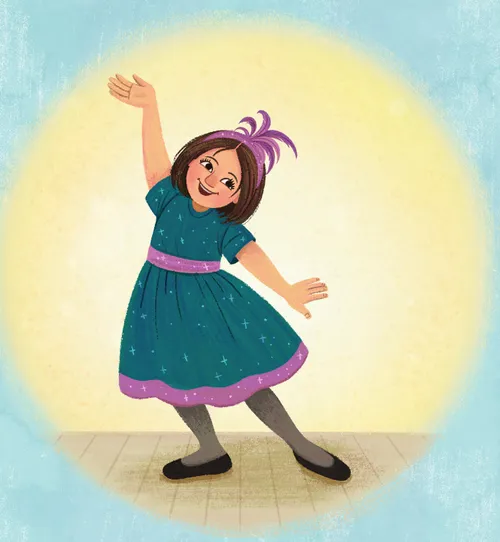 Smiling girl in costume striking a pose on stage in a spotlight