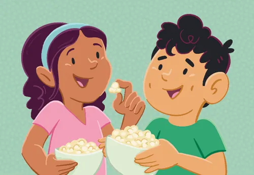 Margo and Paolo eating food out of bowls