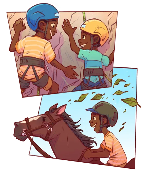 Boy rockclimbing and horseback riding