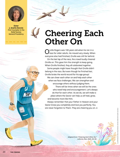 Page PDF with illustrations of an elderly man running a race, and children running around a racetrack while people cheer from the stands