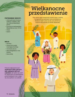 Strona PDF z ilustracją przedstawiającą dzieci ubrane w biblijne stroje i trzymające liście palmowe