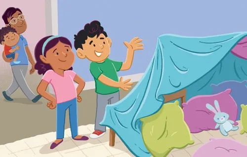 Margo and Paolo with their finished blanket fort