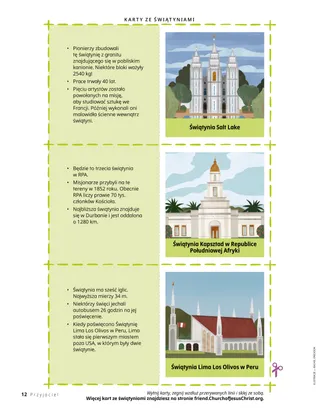 Trzy karty do wycięcia z ilustracją przedstawiającą świątynię po jednej stronie i ciekawostkami na jej temat po drugiej stronie
