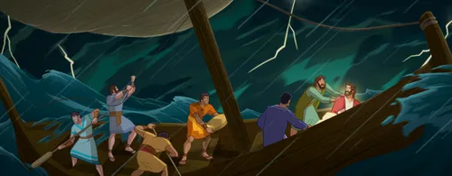 The disciples wake up Jesus.