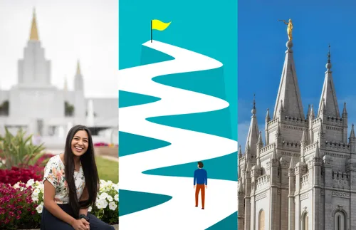 a composite image of young adults and temples