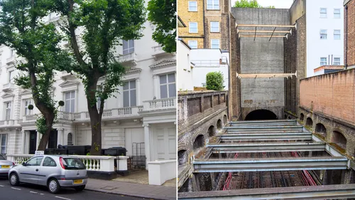 left: houses in London; right: railroad tracks going underneath a fake house front