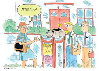 postal carrier and two missionaries by gate with “Beware of Dog” sign