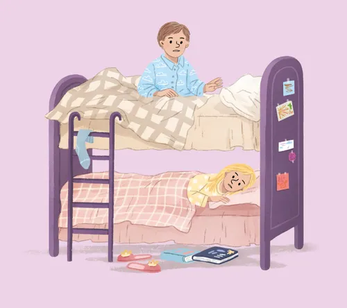 Illustration of boy sitting up in a bunk bed