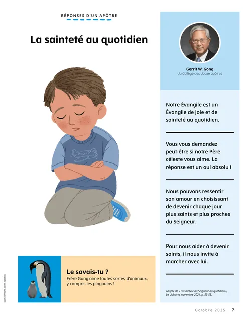 Page PDF avec l’illustration d’un garçon agenouillé pour prier ; et illustration d’un adulte et d’un bébé pingouin