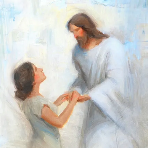 a painting of Christ holding the hands of a woman