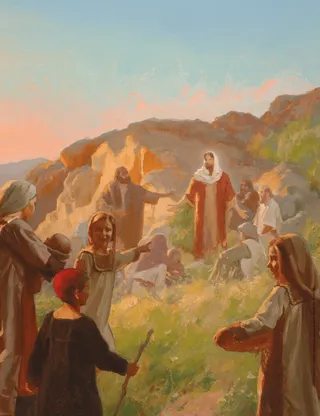Tableau représentant Jésus-Christ enseignant tandis que des enfants marchent vers lui