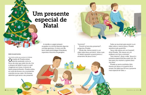 Página em PDF com ilustrações de uma menina olhando os presentes embaixo de uma árvore de Natal, da mesma menina e seus pais trabalhando juntos na cozinha e dos pais sentados juntos assistindo televisão.
