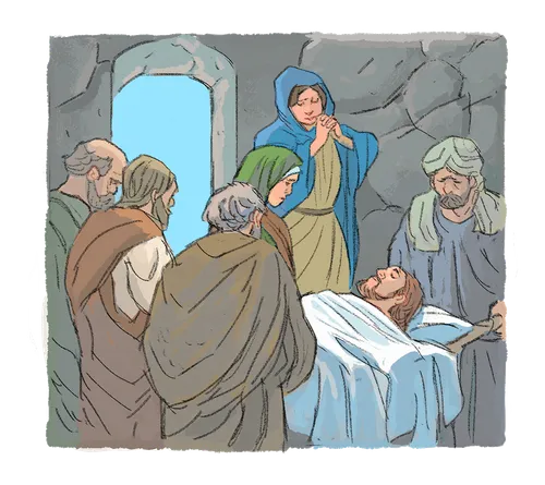 Un groupe de personnes en deuil préparant le corps de Jésus dans le tombeau