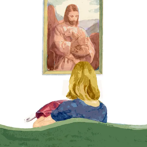 illustration of a woman looking at a painting of Jesus Christ carrying a lamb