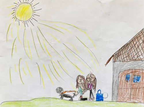 Child’s drawing of two girls walking a dog in front of a house