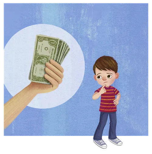 A boy looking unsure at a hand holding dollar bills