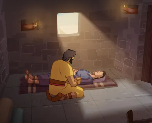 Peter kneels and prays by Tabitha.