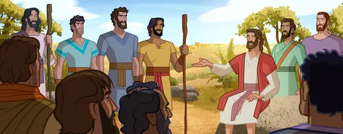 Jesus talking with His disciples.