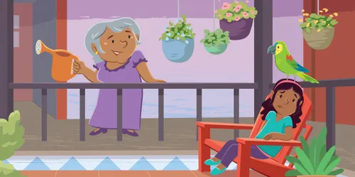 Margo with Kiwi on her head, sitting on a bench outside the house, while Grandma comes onto the wraparound porch with a watering can