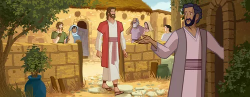 Jesus visits Zacchaeus at his house.
