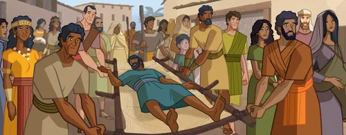 People carrying a man to be healed by Jesus.