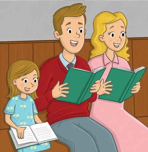 Man, woman, and girl sitting in a church pew and using hymnbooks to sing