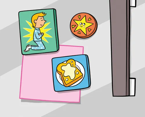 Refrigerator magnets showing a boy praying, a star, and a slice of French toast