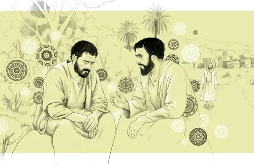 disciples talking, with Jesus walking in the background