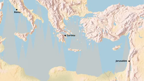mapa do Mediterrâneo mostrando Roma, Corinto e Jerusalém