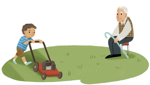 Illustration of boy mowing the lawn