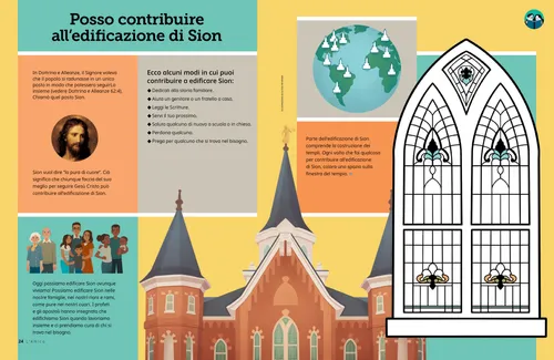 PDF della pagina con illustrazioni di Gesù Cristo, un tempio, delle famiglie e un mappamondo costellato di templi; più una pagina da colorare con una vetrata