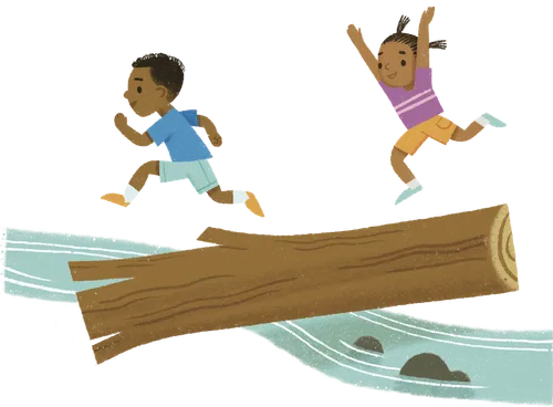 Illustration of children walking on a log