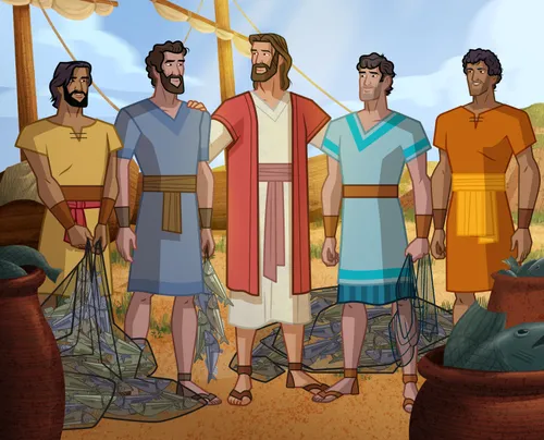 Jesus inviting Simon, Andrew, James, and John to follow Him.
