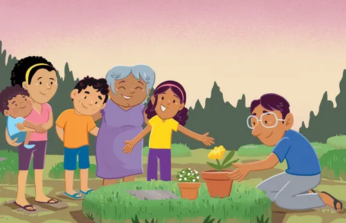 The family putting flowers on Grandpa’s grave