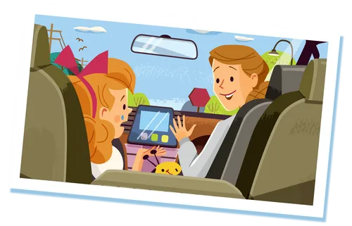 Mom and girl talking in car