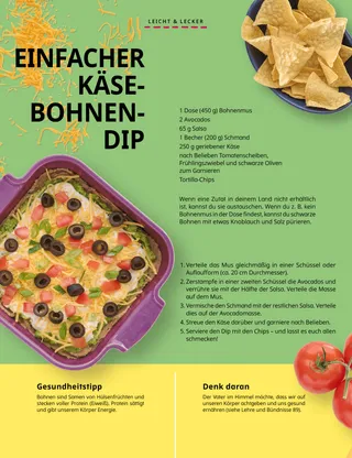 PDF: Eine Schüssel Tortilla-Chips und eine Auflaufform mit Bohnendip und Tomaten