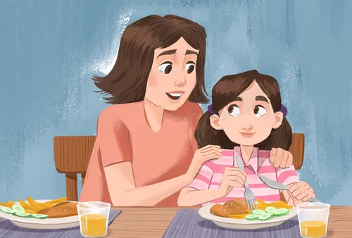 Mom with her hands on her daughter’s shoulders as they talk at the table