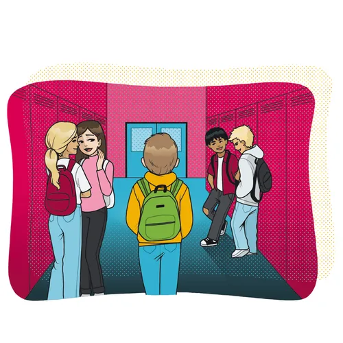 young people in a school hallway